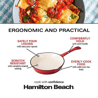 Hamilton Beach Enameled Cast Iron Fry Pan 10-inch Red, Cream Enamel Coating