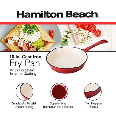 Hamilton Beach Enameled Cast Iron Fry Pan 10-inch Red, Cream Enamel Coating