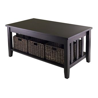 Mission Style Dark Wood Coffee Table With 3-folding Storage Baskets