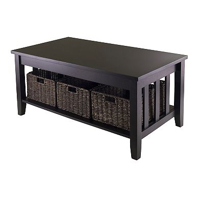 Mission Style Dark Wood Coffee Table With 3-folding Storage Baskets