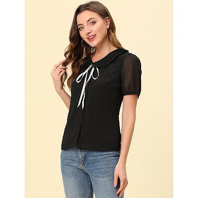 Women's Casual Bow Tie Pleated Neckline Swiss Dots Short Sleeve Blouse