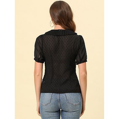 Women's Casual Bow Tie Pleated Neckline Swiss Dots Short Sleeve Blouse