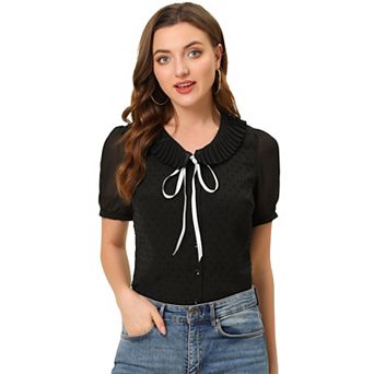 Women's Casual Bow Tie Pleated Neckline Swiss Dots Short Sleeve Blouse