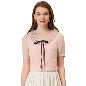 Women's Casual Bow Tie Pleated Neckline Swiss Dots Short Sleeve Blouse