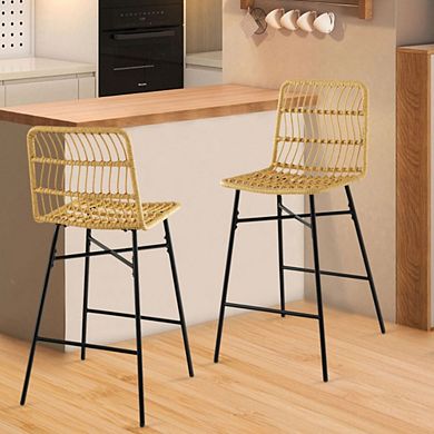 Hivvago Set Of 2 Rattan Bar Stools With Sturdy Metal Frame-yellow