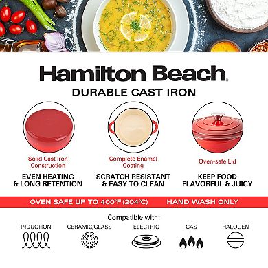 Hamilton Beach Enameled Cast Iron Dutch Oven 5.5-quart Red, Safe Up To 400 Degrees And Durable