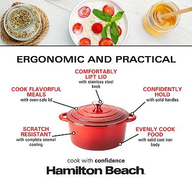 Hamilton Beach Enameled Cast Iron Dutch Oven 5.5-quart Red, Safe Up To 400 Degrees And Durable