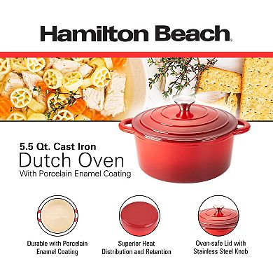 Hamilton Beach Enameled Cast Iron Dutch Oven 5.5-quart Red, Safe Up To 400 Degrees And Durable