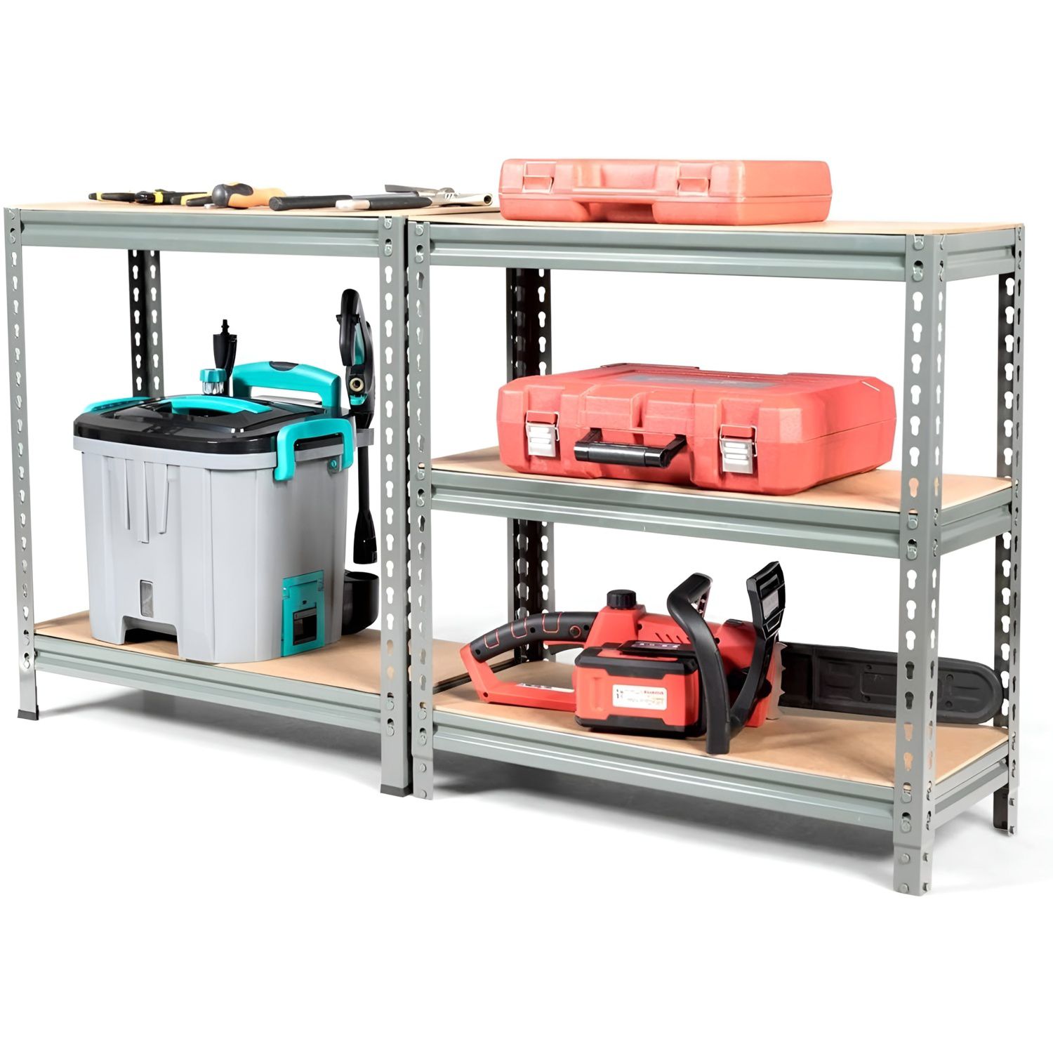 Two-section metal storage rack filled with tool boxes and tools