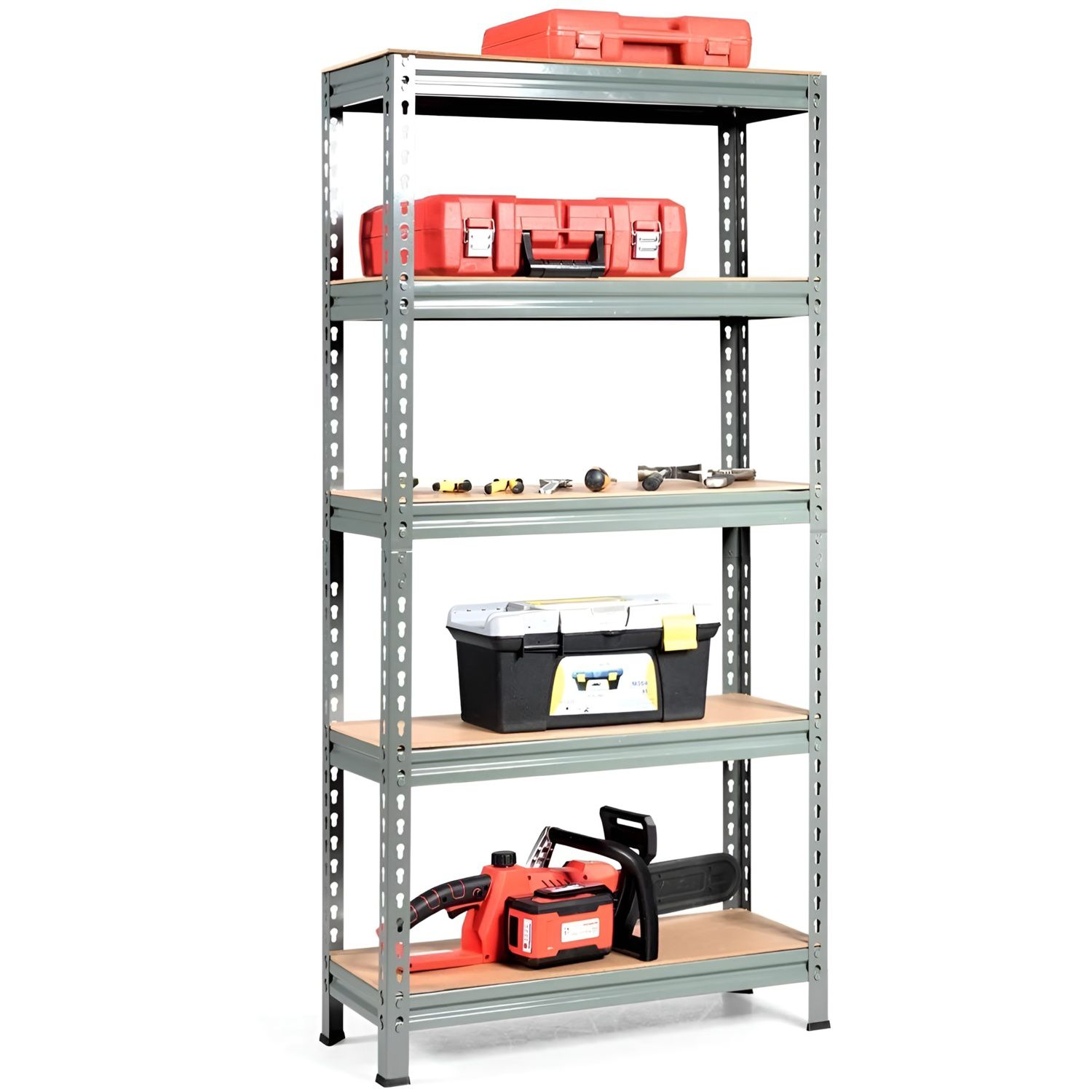 Front view of metal storage rack with tools