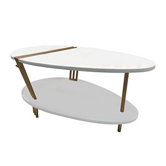 36 Inch Modern Coffee Table, Oval Elliptical Shape, White Mango Wood With Antique Brass
