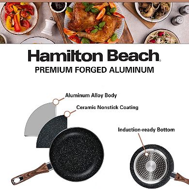 Hamilton Beach Fry Pan Aluminum 10-inch, Nonstick With Marble Coating, Wood Like Soft Touch Handle