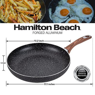 Hamilton Beach Fry Pan Aluminum 10-inch, Nonstick With Marble Coating, Wood Like Soft Touch Handle