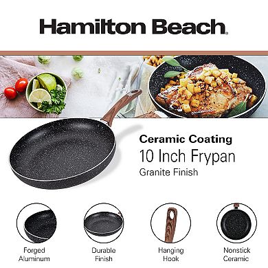 Hamilton Beach Fry Pan Aluminum 10-inch, Nonstick With Marble Coating, Wood Like Soft Touch Handle