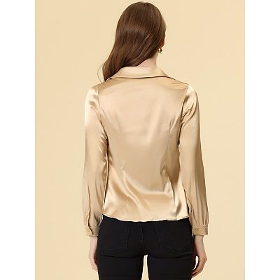 Women's V Neck Satin Shirt Long Sleeve Button Work Office Blouse