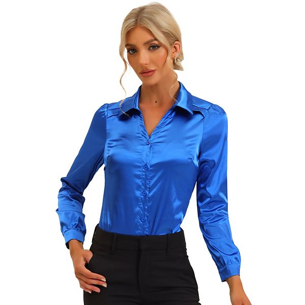 ファッション OMSJ Women's Button Down Shirts Satin V Neck Long Sleeve Casual Work Blouse OMSJ Women's Button Down Shirts Satin V Neck Long Sleeve