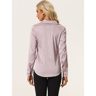 Women's Satin Blouse Long Sleeve Fashion Point Collar Button Up Shirt