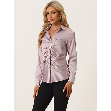 Women's Satin Blouse Long Sleeve Fashion Point Collar Button Up Shirt
