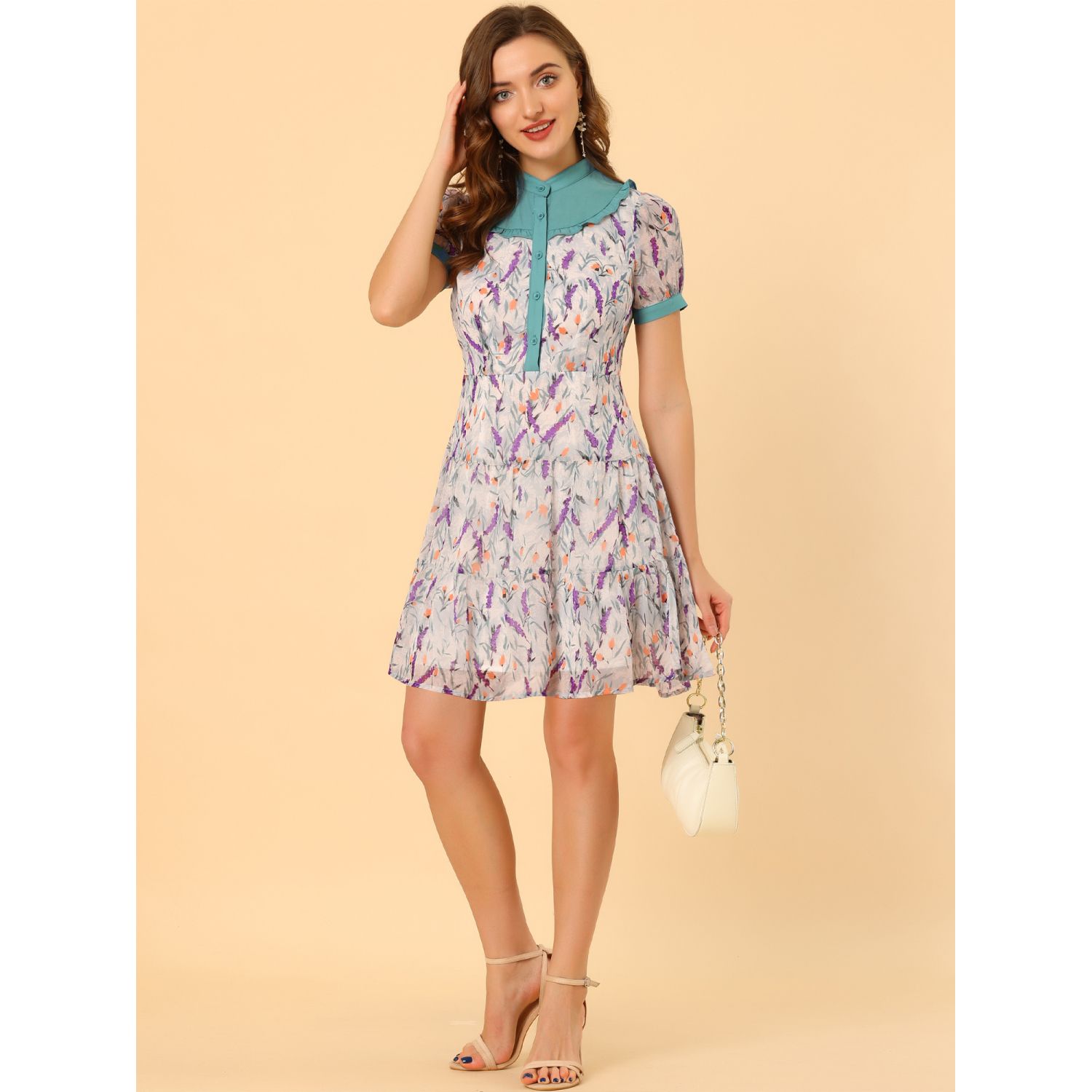 Women's Floral Puff Sleeve Tiered Dress - Ruffle Hem A-Line Summer Casual Dress