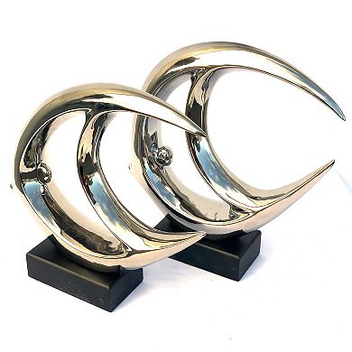 11"h Set Of 2 Silver Mirrored Chrome Ceramic Fish Statue Sculpture Hand Finish