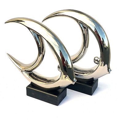 11"h Set Of 2 Silver Mirrored Chrome Ceramic Fish Statue Sculpture Hand Finish