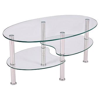 Modern Oval Tempered Glass Coffee Table With Bottom Shelf