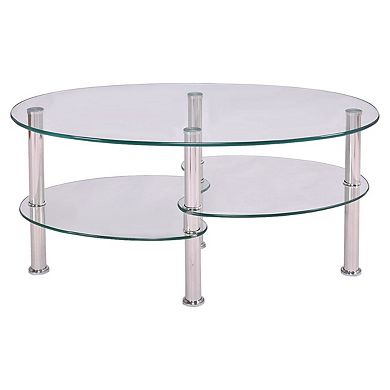 Modern Oval Tempered Glass Coffee Table With Bottom Shelf
