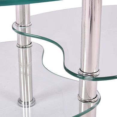 Modern Oval Tempered Glass Coffee Table With Bottom Shelf
