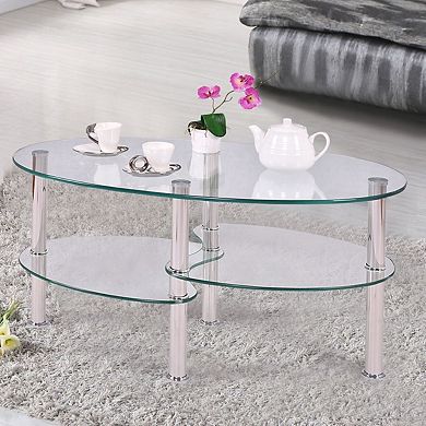 Modern Oval Tempered Glass Coffee Table With Bottom Shelf