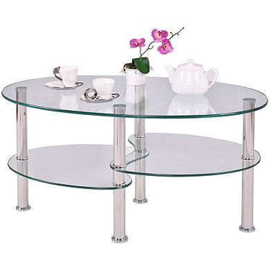 Modern Oval Tempered Glass Coffee Table With Bottom Shelf