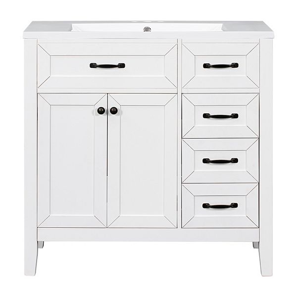 Merax, White 36 Inch Bathroom Vanity with Sink Set Combo, Storage Cabinet  with Doors and Drawers, Ceramic Basin Top