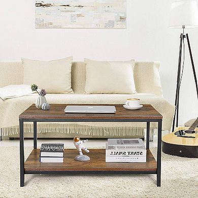 Heavy Duty Industrial 2-tier Coffee Table In Rustic Brown Wood Finish