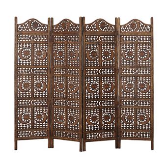 71 Inch 4 Panel Mango Wood Room Divider, Hand Carved, Sun & Moon Design, Brown