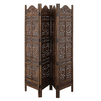 71 Inch 4 Panel Mango Wood Room Divider, Hand Carved, Sun & Moon Design, Brown