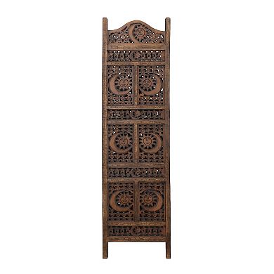 71 Inch 4 Panel Mango Wood Room Divider, Hand Carved, Sun & Moon Design, Brown