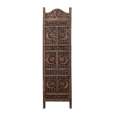 71 Inch 4 Panel Mango Wood Room Divider, Hand Carved, Sun & Moon Design, Brown