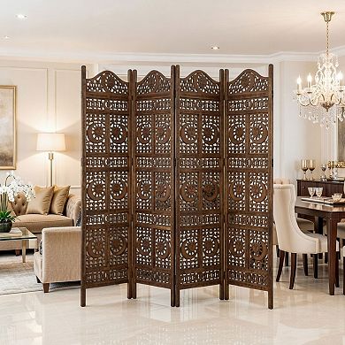 71 Inch 4 Panel Mango Wood Room Divider, Hand Carved, Sun & Moon Design, Brown