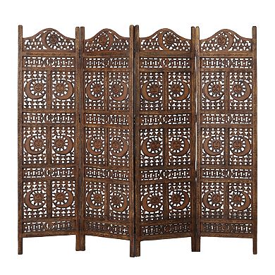 71 Inch 4 Panel Mango Wood Room Divider, Hand Carved, Sun & Moon Design, Brown