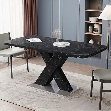 Modern Printed Marble Table Top Square Stretchable Dining Table+x-shape Leg With Metal Base