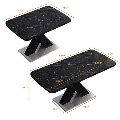 Modern Printed Marble Table Top Square Stretchable Dining Table+x-shape Leg With Metal Base