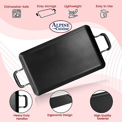 Alpine Cuisine Aluminum Double Griddle Pan 11x19in With Silicone Handles