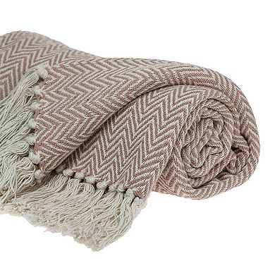 Pink and Beige Herringbone Handloom Cotton Throw Blanket 80” x 97”