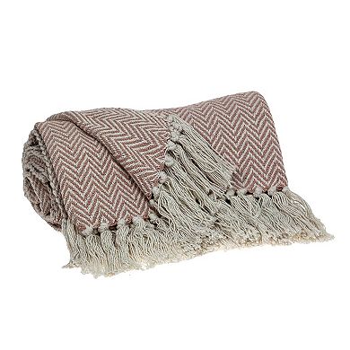 Pink and Beige Herringbone Handloom Cotton Throw Blanket 80” x 97”