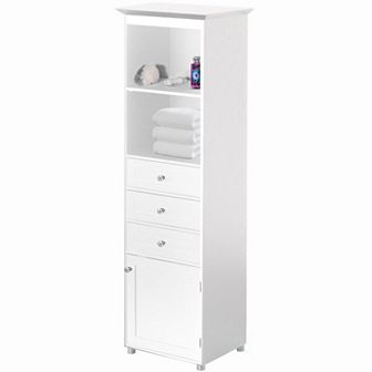 Tall Freestanding Storage Organizer Bathroom Cabinet With 2 Open Shelves, 3 Drawers, And A Closet