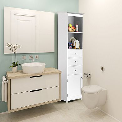 Tall Freestanding Storage Organizer Bathroom Cabinet With 2 Open Shelves, 3 Drawers, And A Closet