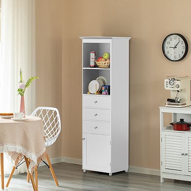 Tall Freestanding Storage Organizer Bathroom Cabinet With 2 Open Shelves, 3 Drawers, And A Closet