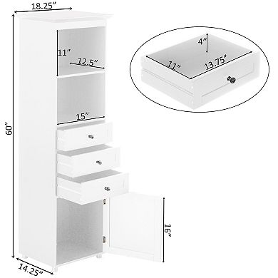 Tall Freestanding Storage Organizer Bathroom Cabinet With 2 Open Shelves, 3 Drawers, And A Closet