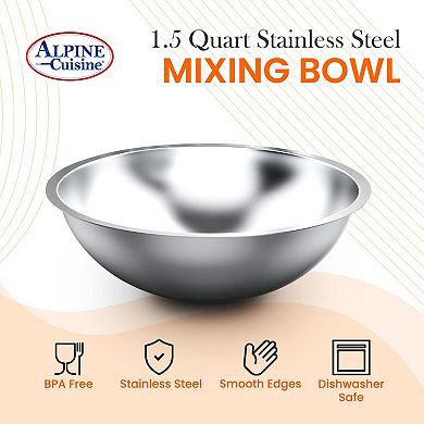 Alpine Cuisine 1.5qt Stainless Steel Kitchen Mixing Bowls, Salad Bowls Heavy Duty Deeper Edge