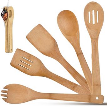 Alpine Cuisine Bamboo Utensils 5 pc Set, Wooden Spoons Utensil Set For Everyday Use