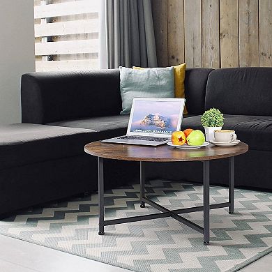 Modern Round Industrial Coffee Table With Rustic Brown Wood Top
